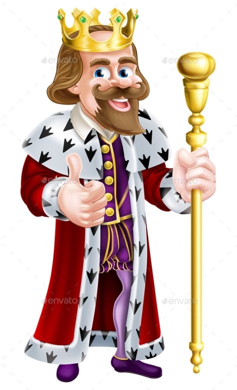 Cartoon king character illustration wearing a crown, holding a sceptre and giving a thumbs up King Illustration Character, King Character Design, Beard Cartoon, Cartoon Character Clipart, King Illustration, Beard Vector, King Character, Happy King, King Cartoon