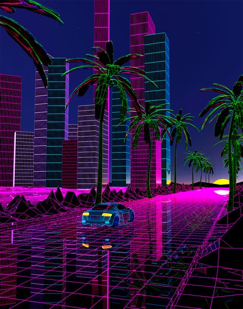 Influenced by The Midnight, FM-84 and Kalax  #synthwave #vaporwave #sunset Synth Wave Aesthetic, 3d Vaporwave, Miami Vaporwave, 80s Synthwave Aesthetic, Vaporwave Aesthetic Wallpaper, Vaporwave City, Synthwave Wallpaper, Retrowave Aesthetic, Vaporwave Sunset