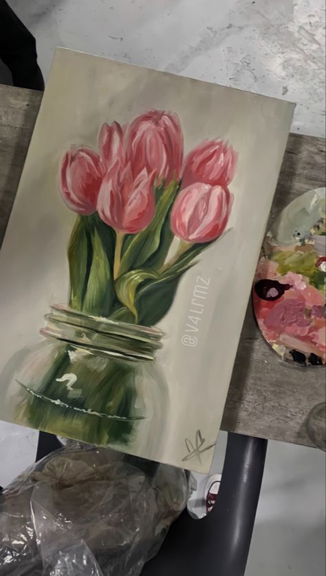 Decor Paintings On Walls, Tulips Art Painting, Painting Aesthetic Ideas On Canvas, Tulip Painting Aesthetic, Soft Painting Ideas, Easy Coquette Painting, Coquette Canvas Painting, Painting Ideas Tulips, Small Aesthetic Drawings