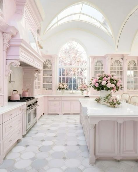 Luxury Pink Kitchen, Aesthetic Pink Kitchen, Pink And White House Interior, Coquette House Aesthetic, Pink Victorian House Interior, Pink Girly House, Pink Interior Design Home Decor, Pink Aesthetic Kitchen, Cute House Aesthetic