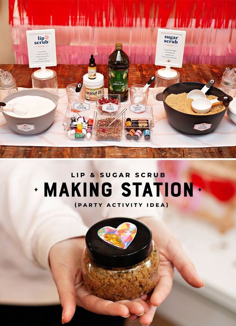 Slumber Party Spa Ideas, Body Scrub Making Party, Spa Parties For Women, Beauty Bar Birthday Party Ideas, Pre Teen Spa Party, Sip And Spa Party, At Home Spa Birthday Party, Spa Theme Food Ideas, Skin Care Party Ideas