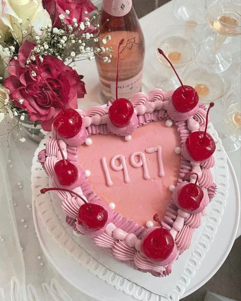 vintage inspired cake, heart cake, cherry, pink, girly, coquette, 1997, birthday 1997 Birthday, 27th Birthday Cake, 27 Birthday Ideas, 26 Birthday Cake, Girly Birthday Cakes, Cake Cherry, Heart Birthday Cake, Cake Heart, Vintage Birthday Parties