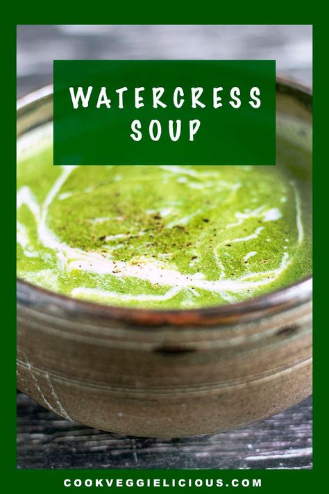 With a vibrant green colour, this watercress soup both looks and tastes fantastic. It’s easy to make, requiring very few ingredients and is suitable for vegans. #vegansoup #watercresssoup #watercress #seasonal #vegan #veganlunch Vegetarian Lunch Box Ideas, Watercress Sauce, Fall Vegetarian Recipes, Winter Vegetarian Recipes, Hidden Vegetable Recipes, Watercress Recipes, Watercress Soup, Soup Maker Recipes, Budget Vegan