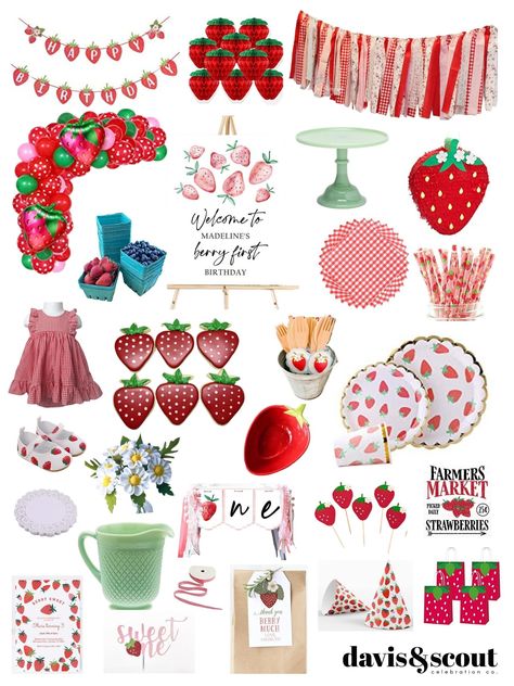 Adorable berry themed event perfect for a first birthday or children's celebration. This styled party includes all the materials you'll need to create a diy swoon worthy event for guests of any age that love strawberries! #strawberry #berrysweet #strawberryparty #berrypatch #berryparty #strawberryshortcake #berrydecorations #trendypartydecor #partystyle #partyideas #partydecorations #decoratedparties #kidsparty #firstbirthday #showerideas Strawberry Themed Party, Dreamy Birthday, Strawberry Picnic, Baby First Birthday Themes, Strawberry Decor, Theme First Birthday, Strawberry Shortcake Birthday, Strawberry Shortcake Party, Strawberry Decorations