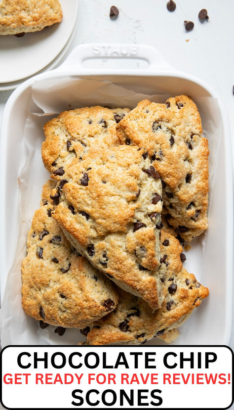 a white dish has several scones in t Easy Chocolate Chip Scones, Chocolate Chips Scones, Chocolate Chip Scones With Heavy Cream, Scones Recipe Chocolate Chip, Sourdough Chocolate Chip Scones, Chocolate Chip Scones Recipe, Sweet Scones Recipe, Flaky Scones, Easy Impressive Dessert