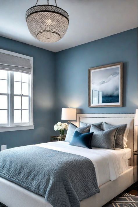 A small bedroom with vertical stripes on one wall Paint Colors To Brighten A Dark Room Master Bedrooms, Tiny Bedroom Paint Ideas, Colours To Brighten A Dark Room, Small Bedroom Paint Colors, Bedroom Paint Schemes, Benjamin Moore Bedroom, Paint Tricks, Small Bedroom Colours, Bedroom Big