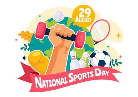 National Sports Day Illustration featuring Athletes from Various Sports and Equipment in a Flat Style Cartoon Background National Sports Day Poster, Sports Day Poster, National Sports Day, Sports Meet, Day Illustration, Graphic Design Ads, Sports Day, Poster Background, Poster Background Design