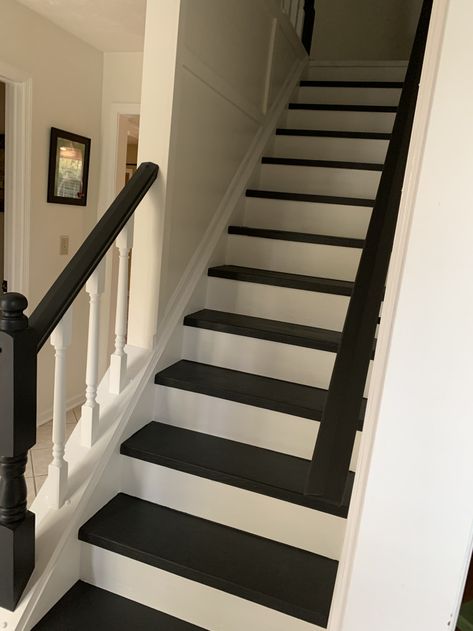 Stairs Black And White, Painted Banister, Black And White Stairs, White Staircase, Painted Staircases, White Stairs, Timber Staircase, Hardwood Stairs, Staircase Makeover