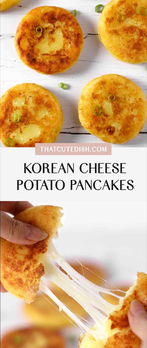 korean cheese potato pancakes Quick Easy Savory Snacks, Delicious Japanese Food, Fun Meals To Make, Savory Food Ideas, Dinner Ideas Asian, Asian Food Party, Cheese Potato Pancakes, Cheesy Meals, Korean Pancake Recipe