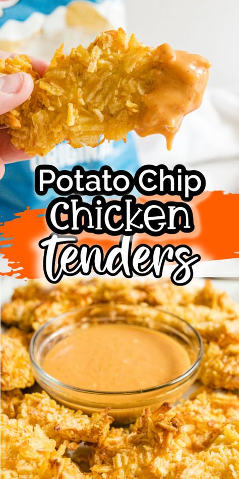 Air Fryer Potato Chip Chicken, Chip Coated Chicken, Bbq Chip Chicken Tenders, Potato Chip Fried Chicken, Chicken Tenders And Potatoes Recipes, Sunchips Chicken, Potato Chip Chicken Tenders, Recipes Using Potato Chips, Bbq Chip Chicken