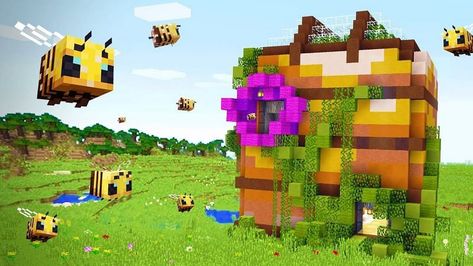 Minecraft Bee Nest Ideas, Minecraft Bee Shop, Minecraft Bee Hive Build, Beehive Minecraft, Minecraft Beehive, Minecraft Bee House, Minecraft Bee Sanctuary, Minecraft Overworld, Minecraft Bee