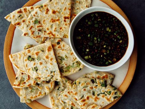 Scallion Pancakes with Ginger Dipping Sauce Recipe | Ming Tsai | Food Network Scallion Pancake Dipping Sauce, Ming Tsai Recipes, Easy International Recipes, Best Chinese Dishes, Best Chinese Recipes, Ginger Dipping Sauce, At Home Recipes, Chinese Almond Cookies, Chinese Foods