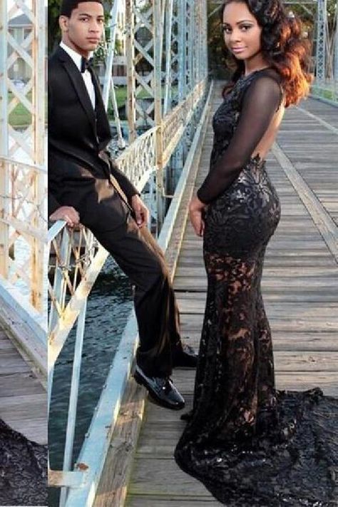 Prom Dress Backless, Black Mermaid Prom Dress, Black Lace Prom Dress, Prom Couples, Prom Poses, Prom Dresses Long Mermaid, Black Mermaid, Long Sleeve Prom, Lace Prom Dress