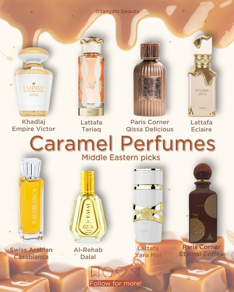 Best caramel perfumes: Middle Eastern picks ✨ ▫️ Khadlaj Empire Victor — caramel lemon vanilla cake. Love at first sniff! Smells expensive and delicious, in the same style as Lira or Devotion. ▫️ Lattafa Teriaq — a very complex perfume I’d describe as airy leathery caramel, with honey, almond, apricot, and pink pepper. It smells like an expensive designer or niche perfume. ▫️ Paris Corner Qissa Delicious — a truly delicious combination of caramel and chocolate. ▫️ Lattafa Eclaire — an ama... Cake Scented Perfume, Caramel Scented Perfume, Gourmand Arab Perfumes, Expensive Smelling Perfume, Vanilla Caramel Perfume, Best Niche Perfumes, Kai Ali Perfume, Choco Musk Perfume Layering, Middle Eastern Perfume