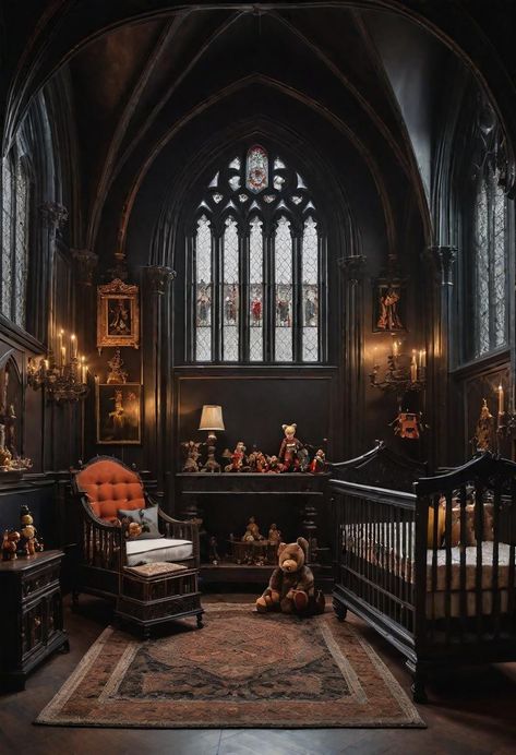 Dark Vintage Nursery, Victorian Nursery Ideas, Old English Nursery, Gothic Kids Room, Goth Baby Room, Dark Academia Nursery, Dark Nursery Ideas, Victorian Kids Room, Goth Manor