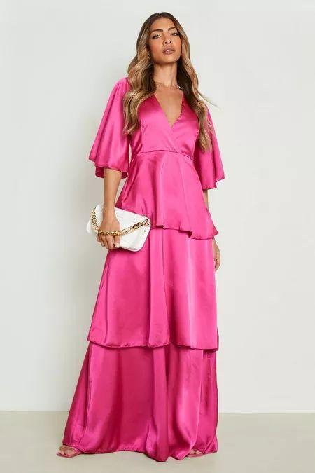 Bright Pink Bridesmaid Dresses, Hot Pink Bridesmaid Dresses, Angel Sleeve Dress, Hot Pink Bridesmaids, Cami Dresses, Boohoo Dresses, Pink Bridesmaid Dresses, Angel Sleeve, Cocktail Attire