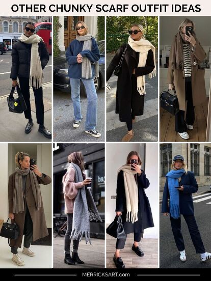 Chunky scarves are back, but not how we styled them 10 years ago. Here are chunky scarf styling tips! Did you own a big, blanket scarf back in the day? Well, a version of that is back, but in a more neutral way. Today I will cover the chunky scarf trend and share some styling tips for you to incorporate this into your winter wardrobe. Chunky Scarf Styling Tips There are lots of ways to style scarves, but here are 5 ways that are easy, work with big scarves, keep you warm, and don’t… How To Style Big Scarf, Big Scarf Outfit Chunky Scarves, Chunky Scarf Outfit, Big Scarf Outfit, Silk Scarf Styling, How To Wear A Blanket Scarf, Scarf Styling, Big Blanket, Road Trip Outfit