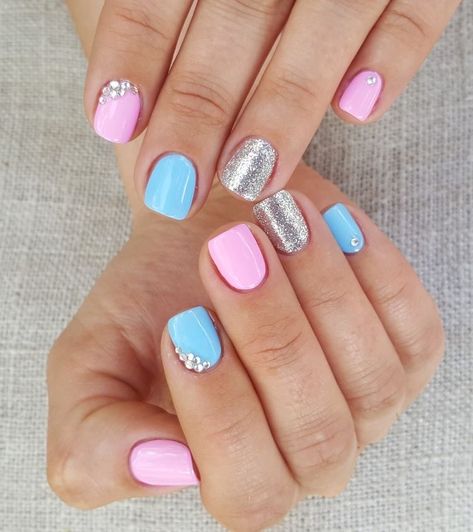 Pink Blue Nails, Gender Reveal Nails, Baby Shower Nails, Blue And Silver Nails, Baby Blue Nails, Pink Gel Nails, Baby Nails, Nails Blue, Cute Gel Nails