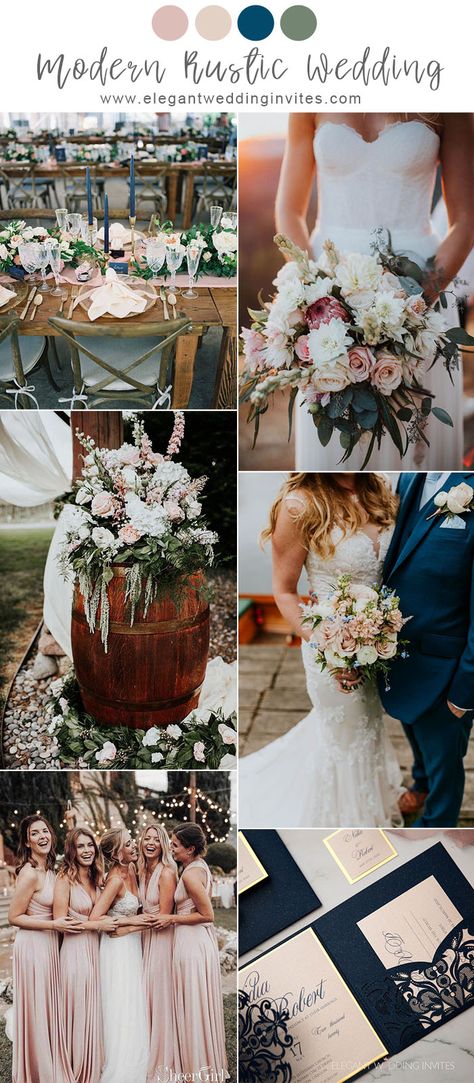 modern rustic blue and light pink outdoor garde wedding color ideas Spring Wedding Outfit, Wedding Color Schemes Spring, Modern Wedding Theme, Rustic Wedding Colors, Rustic Modern Wedding, Spring Wedding Colors, Weddings By Color, Spring Weddings, Rustic Blue