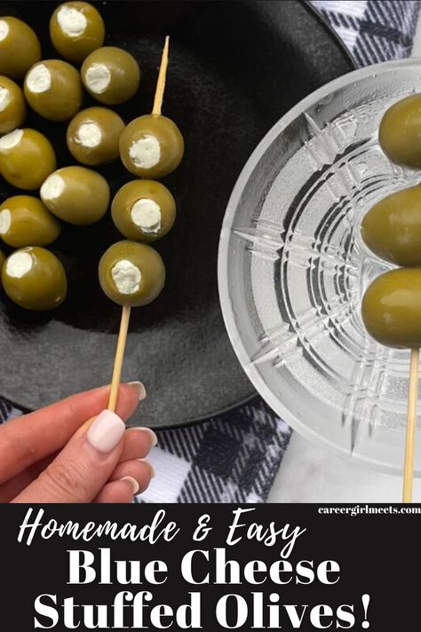 These homemade Blue Cheese stuffed olives are the best! This recipe is easy to make, and you'll only need blue cheese, cream cheese, and olives. These stuffed olives are a perfect garnish for dirty martinis and bloody marys. Or they are the perfect appetizer bite on a charcuterie board. Check out this easy recipe on how to make blue cheese stuffed olives! You can also make fried blue cheese olives.

// blue cheese stuffed olives // dirty martinis // appetizers // charcuterie board // Blue Cheese Olives Recipe, Marinated Cheese And Olives, Cream Cheese And Olives, Stuffed Olives Recipe, Blue Appetizers, Blue Cheese Olives, Cabana Bar, Xmas Dinner Party, Homemade Blue Cheese