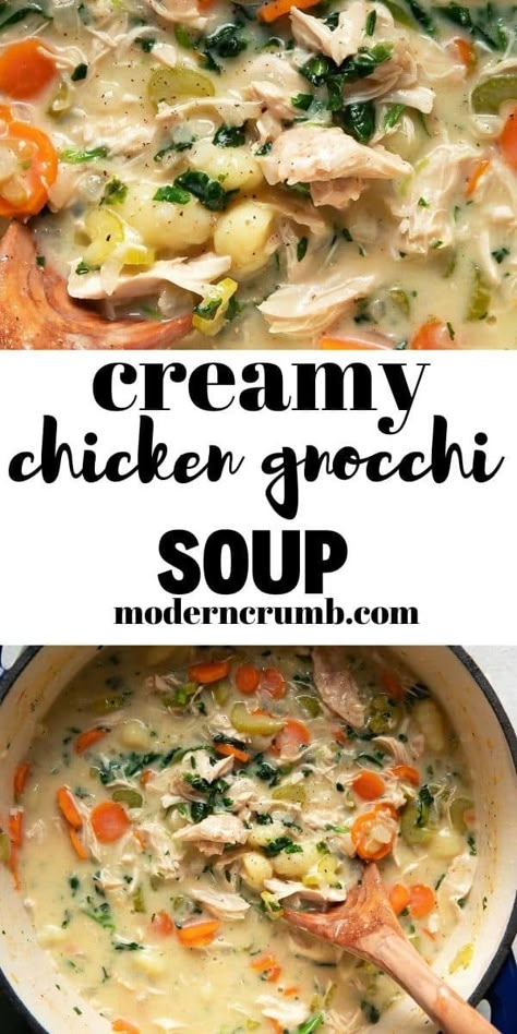 This creamy chicken gnocchi soup has a chicken broth and cream base that makes for a delicious savory soup. Filled with onions, carrots, celery and spinach. It's hearty and so filling. The whole family will flock to this dinner. Creamy Gnocchi Chicken Soup, Gnocchi Chicken Soup, Creamy Chicken Gnocchi Soup, Creamy Chicken Gnocchi, Creamy Gnocchi, Cream Based Soups, Gnocchi Chicken, Olive Garden Copycat, Cooking Frozen Chicken