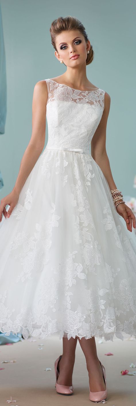 Wedding Dresses by Mon Cheri - Enchanting Spring 2016 ~Style No. 116136 #shortlaceweddingdress Tea Length Wedding Dress Vintage, Short Lace Wedding Dress, Tea Length Wedding, Tea Length Wedding Dress, Summer Wedding Dress, Modern Wedding Dress, Mon Cheri, New Wedding Dresses, Tea Length Dresses