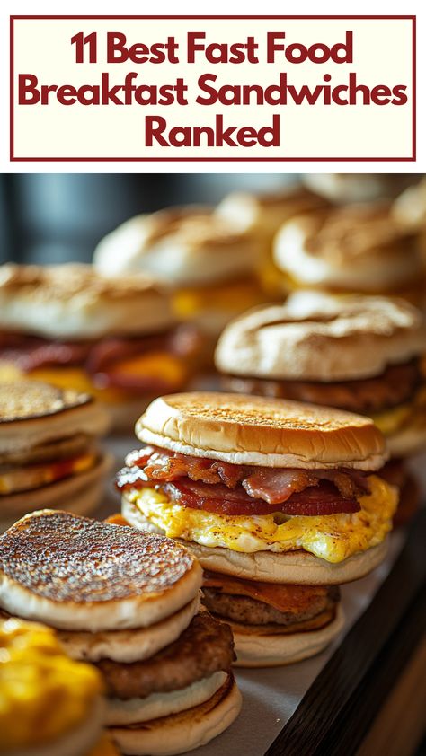 A close-up of a variety of fast food breakfast sandwiches, including bacon, egg, and sausage options, neatly arranged on a table, ready to enjoy for a satisfying morning meal. Best Fast Food Breakfast, Healthy Fast Food Breakfast, Taco Bell Breakfast, Bacon And Egg Sandwich, Fast Food Breakfast, Egg And Cheese Sandwich, Best Fast Food, Biscuit Sandwich, Bacon Breakfast