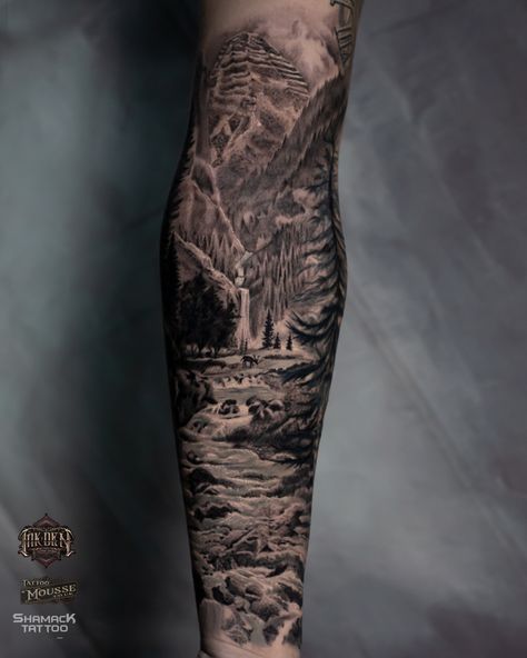 Forest Theme Sleeve Tattoo, Woods Themed Tattoo Sleeve, Black And Grey Nature Tattoos, Waterfall Tattoo Sleeve, Nature Sleeve Tattoo For Men, Forest Theme Tattoo, Realism Sleeve Tattoo, Waterfall Tattoo Ideas, Country Tattoos For Men