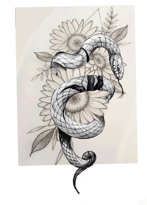 Snake And Sunflower Tattoo Design, Sunflower Snake Tattoo, Snake And Sunflower Tattoo, Snake Floral Tattoo, Lil Tattoo, Mommy Daughter Tattoos, Cool Tattoo Drawings, Scorpio Tattoo, Snake Tattoo Design