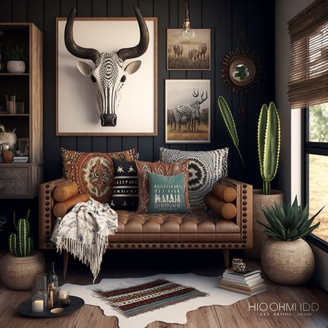 Navy Western Living Room, Dark Western Aesthetic Bedroom, Western Glam Living Room, Western Office Inspiration, Modern Western Wall Decor, Western Chic Office, Glam Western Decor, Dark Western Decor, Moody Boho Dining Room