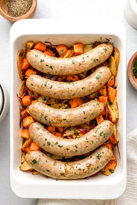 Chicken Sausage Sweet Potato Bake (Easy Dinner Recipe) Chicken Sausage Dishes, Chicken Sausage Sweet Potato Skillet, Sweet Potato Meals Dinners, Sweet Potato Sausage Bake, Chicken Sausage Sweet Potato, Sausage Sweet Potato Recipes, Sausage Sweet Potato, Sweet Potato Bake, Sweet Potato Oven