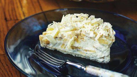 White chocolate banana cream pie is infused with a shot of banana liqueur — and nostalgia! Chocolate Banana Cream Pie, White Chocolate Banana, Banana Liqueur, Creamy Pie, Mousse Cake Recipe, Banana Pie, Chocolate Garnishes, Southern Desserts, Chocolate Pastry