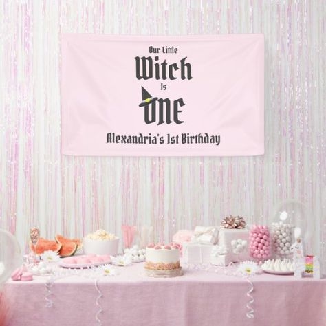 Our little witch is one Halloween 1st Birthday #ad Witch Themed 1st Birthday, Halloween 1st Birthdays, 1st Birthday Banner, Themed 1st Birthday, 1st Birthday Banners, Halloween 1, First Halloween, Bday Ideas, Halloween Birthday