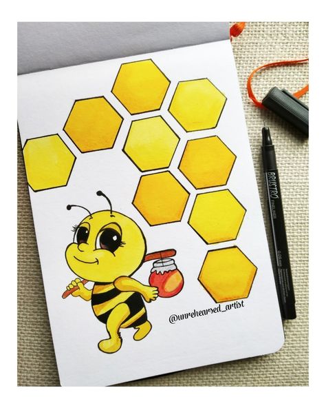 Bee With Honeycomb Drawing, Bee And Honey Comb Drawing, Chart Paper Drawing Ideas, Cute Honey Bee Drawing, Cute Cartoon Paintings, Honey Comb Drawing, Honey Drawing, Honey Bee Drawing, Cool Designs To Draw