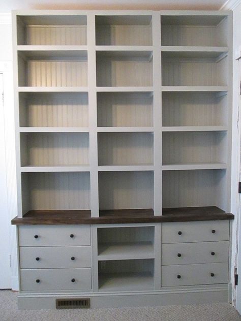 I have always wanted built-in bookshelves. I had intended to do the typical Billy Bookcase hack, but decided I wanted some closed storage and more detail. Ikea Storage Units, Storage Closet Shelving, Closet Makeover Diy, Ikea Built In, Billy Bookcases, Dresser Shelves, Ikea Closet, Kitchen Design Diy, Ikea Bookshelves