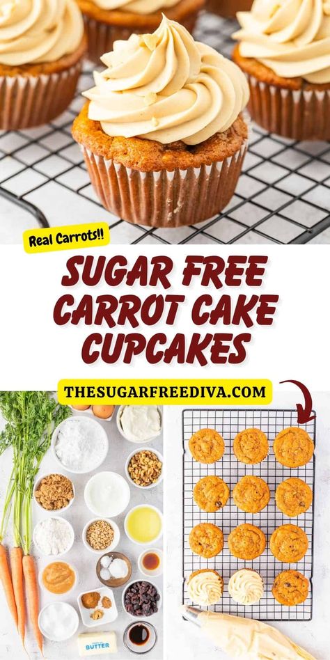 Sugar Free Carrot Cake Cupcakes, a delicious dessert or snack recipe made with grated carrots, spices, yogurt, and no added sugar. Sugar Free Dessert Recipes, Carrot Cake Muffin Recipe, Sugar Free Cupcakes, Sugar Free Cake Recipes, Sugar Free Carrot Cake, Sugar Free Muffins, Sugar Free Desserts Easy, Sugar Free Breakfast, Bistro Menu