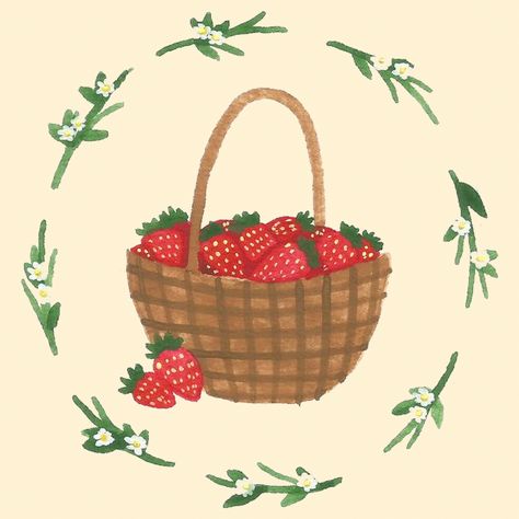 Basket Of Strawberries, Mini Tela, Strawberry Drawing, Strawberry Art, Basket Drawing, Art Fruit, Fruit Painting, Fruit Art, Pin Board