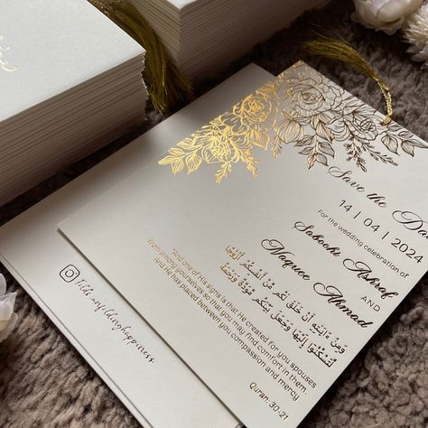 The bespoke wedding invitation features elegant cream cardstock adorned with gold foiled delicate floral motifs, further enhanced by the addition of a golden zari tassel. The golden tassel adds a touch of regal charm, securing the invitation with a shimmering flourish, symbolising a celebration of love and luxury. ✨ . DM us for details 🌸 . [wedding invitations, wedding card, invitation cards, bespoke wedding invites, personalised, aesthetic, classic, foling, Kolkata, handmade, small business|... Regal Wedding Invitations, Golden Wedding Invitations, Cream And Gold Wedding, Wedding Card Invitation, Handmade Small Business, Bespoke Wedding Invitations, Cream Wedding, Golden Wedding, Card Invitation