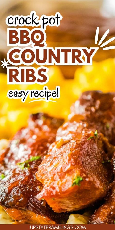 Say hello to your new favorite dish: slow cooker country style ribs! This scrumptious recipe is the perfect combination of tenderness and flavor, making it an irresistible addition to your dinner table. These boneless pork ribs are a go-to comfort food requiring minimal effort but yielding mouthwatering results. Peach preserves, honey, and BBQ sauce flavor the tender and delicious ribs. Boneless Pork Ribs Crockpot, Crockpot Country Style Ribs, Country Style Pork Ribs Crock Pot, Boneless Ribs Recipe, Slow Cooker Country Style Ribs, Country Ribs Recipe, Boneless Country Style Pork Ribs, Country Pork Ribs, Slow Cooker Ribs Recipe