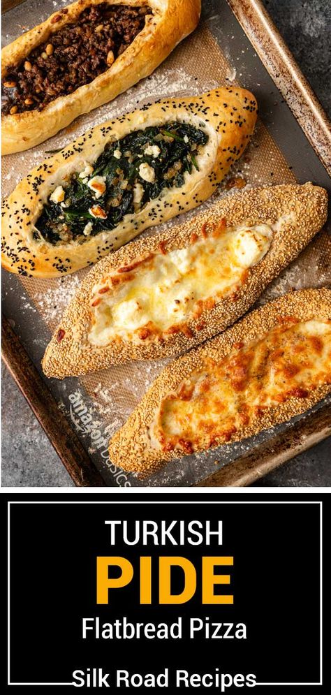 Pide (Turkish Flatbread Pizza) Turkish Pide Dough Recipe, Turkish Pide Recipes, Flat Bread Recipe Pizza, Pide Recipe Turkish, Panini Wraps, Turkish Pide Bread Recipe, Pide Turkish, Gourmet Plating, Flatbread Pizza Dough