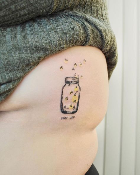 Men’s Simple Tattoo Ideas, Fireflies Tattoo Ideas, Light Bug Tattoo, Firefly Tattoo Ideas, Firefly Mason Jar Tattoo, Firefly Tattoo Small Simple, Jar Of Lightning Bugs Tattoo, Fire Flies Tattoos, Small Firefly Tattoo