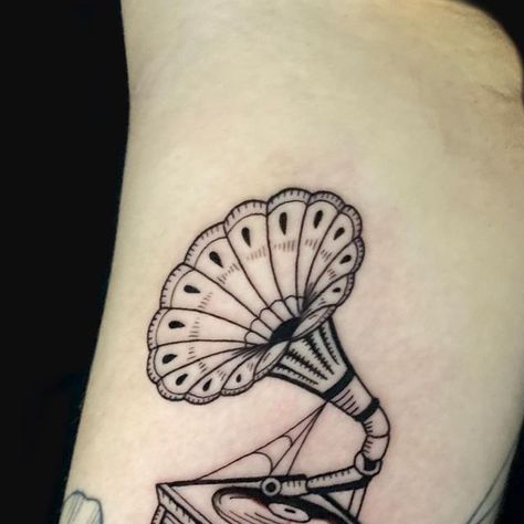 Phonograph Tattoo, Record Player Tattoo, Vintage Record Player, Love Of Music, Bicep Tattoo, Spooky Tattoos, Detailed Tattoo, Music Tattoo, Line Art Tattoos