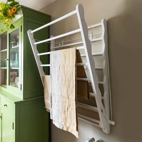 Laundry Airers Small Utility Room, Ladder Design, Pantry Laundry Room, Laundry Room Closet, Laundry Room Inspiration, Oak Shelves, Boot Room, Clothes Drying Racks, Room Closet