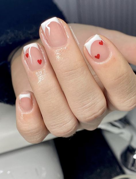 White French Tip Designs, Nails With White French Tip, Nails Square White, French Tip Heart, Nails With White French, Nails Red Heart, French Tip Designs, Nails With Red, Press On Nails Square