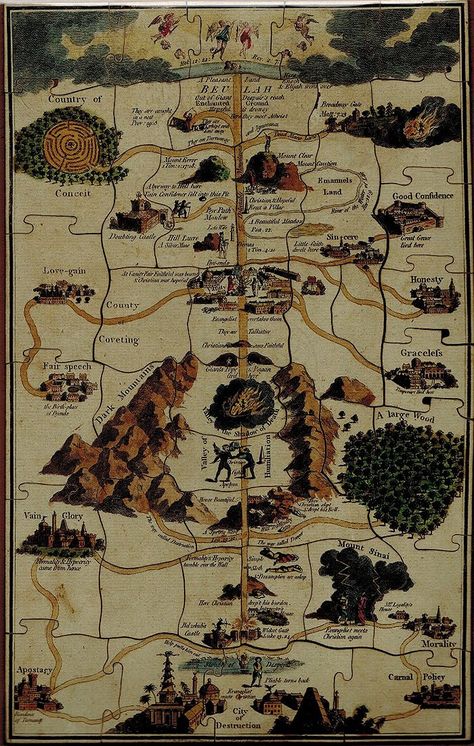 Pilgrims Progress, John Bunyan, The Pilgrim's Progress, British Literature, Christian Journaling, Paint Nite, The Holy Land, Antique Maps, Illustrated Map