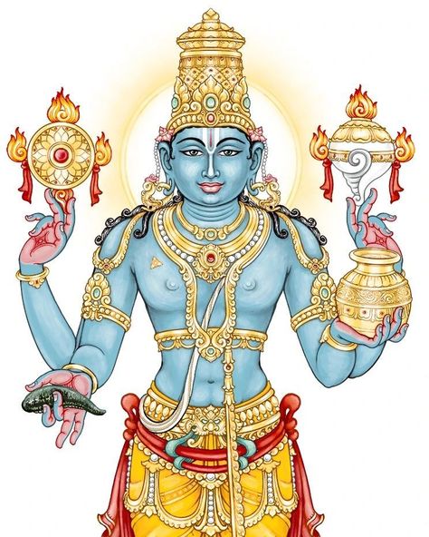 Lord Dhanvantari, God of Ayurveda Drdha Vrata Gorrick wrote : Dhanvantari in colour Say hello to the new and improved... Dhanvantri God Painting, Lord Balaji Logo, Lord Dhanvantari, Hindu Cosmos, Mysore Painting, God Artwork, Temple Art, Lord Vishnu Wallpapers, Hinduism Art