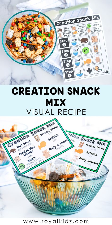 Creation Snack Mix Visual Recipe - Free Special Needs Ministry Resources: Royal Kidz Adapted Bible Curriculum Vbs Jungle Theme Snacks, Creation Themed Snacks, Creation Snacks For Kids, What A Mess Vbs Snacks, Bible Themed Snacks, Jungle Journey Vbs Snacks, Great Jungle Journey Vbs Snacks, Creation Snacks For Kids Bible, Jungle Journey Vbs 2024 Snacks