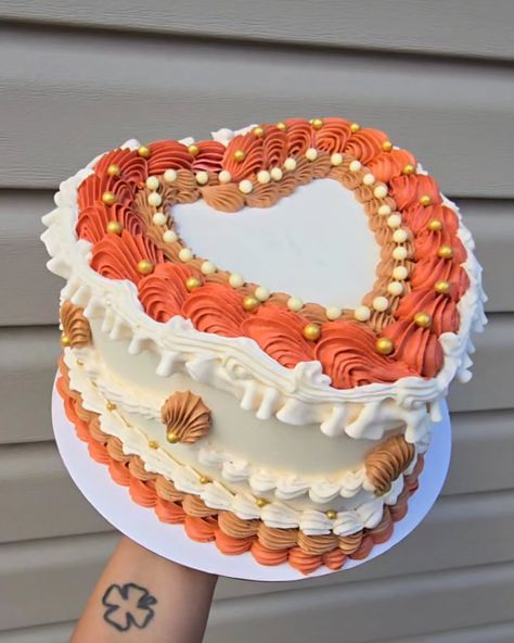 Its giving fall 🍂 . . . . #fallcake #thanksgivingcake #heartcake Orange Heart Cake, Brown Cake, 21 Party, Thanksgiving Cakes, 21st Party, Orange Heart, Fall Cakes, Heart Cake, Burnt Orange