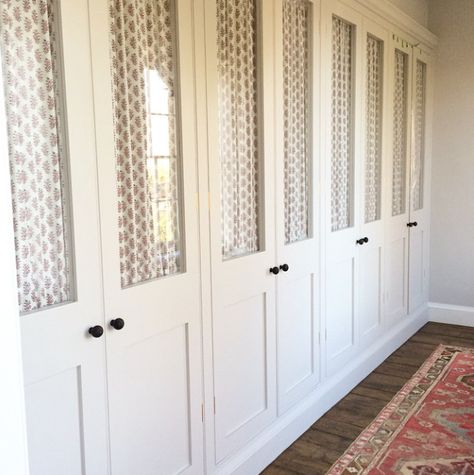 Fabric door details.  Bootroom or linen cupboard? Turquoise Built Ins, Fabric Doors For Closet, Fabric On Closet Doors, Fabric Cupboard Doors, Built In Bedroom Wardrobes, Fabric Closet Doors, Fabric Wardrobe Doors, Joanna Plant, Bedroom Built In Wardrobe