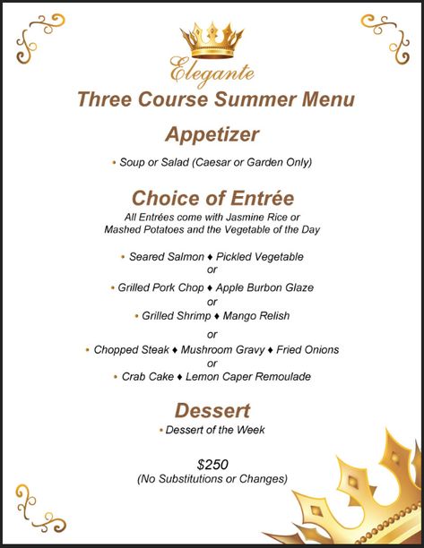 Elegante's Three Course Summer Menu comes out May 8th Three Course Meal Ideas Dinners, 3 Course Meal Menu Ideas, 3 Course Dinner Menu Ideas, Three Course Meal Ideas, Breakfast Menu Ideas, 3 Course Dinner, Summer Dinner Party Menu, 7 Course Meal, Gravy Fries